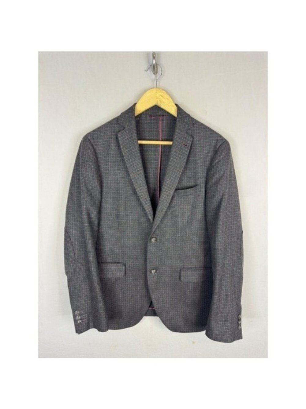 Frank & Oak Laurier Wool Blend Burgundy Plaid Blazer Sport Coat Elbow Patches 38